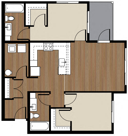 Floor plan for 2 beds, 2 baths, 932 sqft